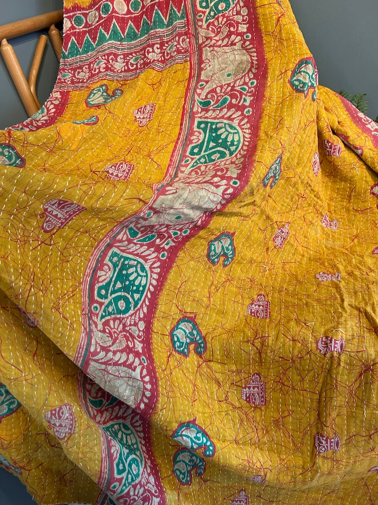Vintage Indian Kantha Quilted Blanket - Double sided.