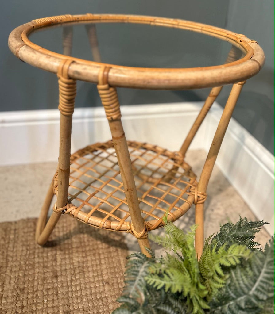 Vintage Bamboo Round Glass Top Table
