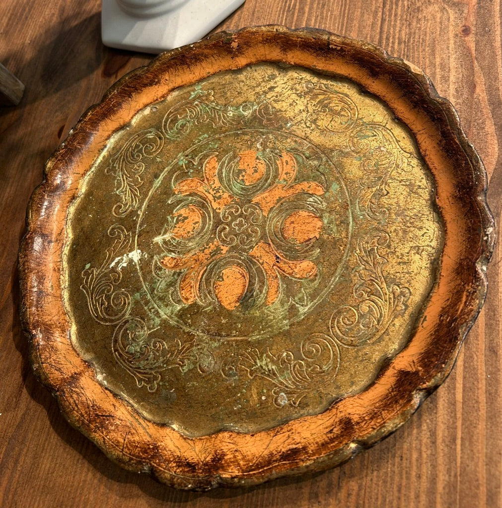 Vintage Small Round Gold Florentine Tray