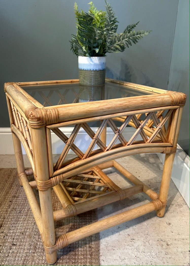 Vintage Glass top Bamboo Side Table