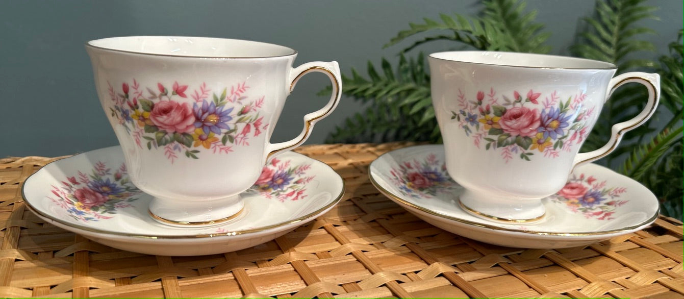 Pair Pretty Vintage Queen Anne Tea Cups and Saucers ~ Set of 2