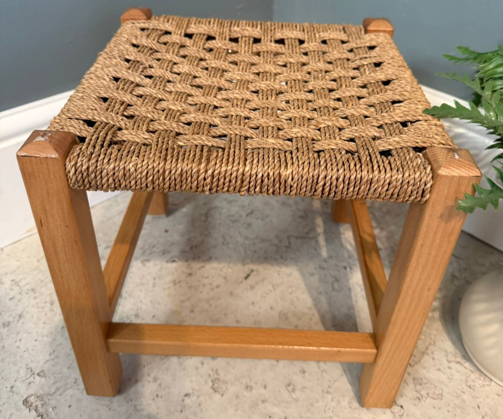 Vintage Woven Brown Rattan Stool with Rope top - Light Wood