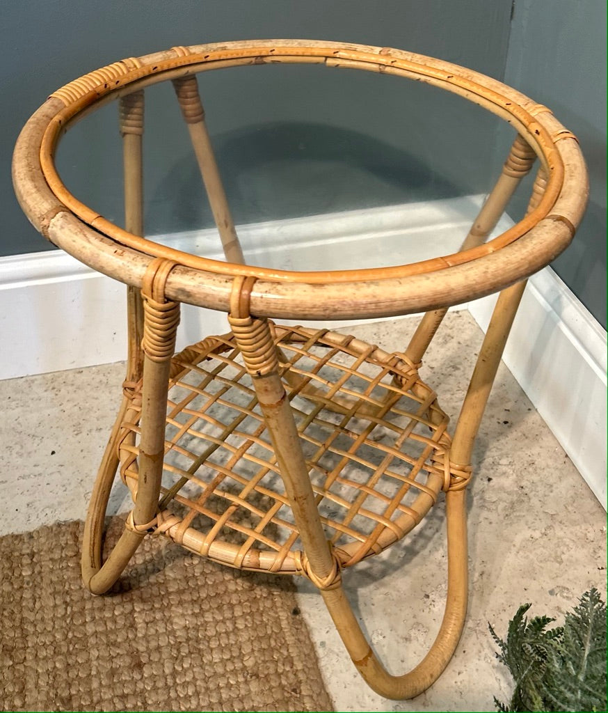 Vintage Bamboo Round Glass Top Table