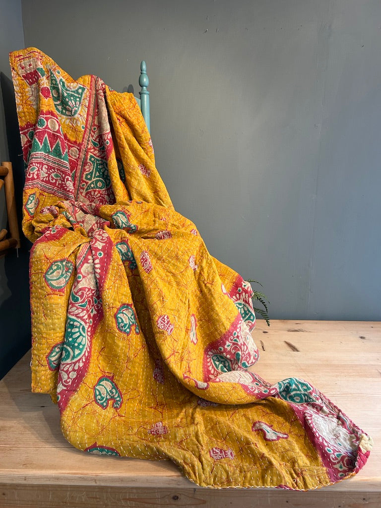Vintage Indian Kantha Quilted Blanket - Double sided.