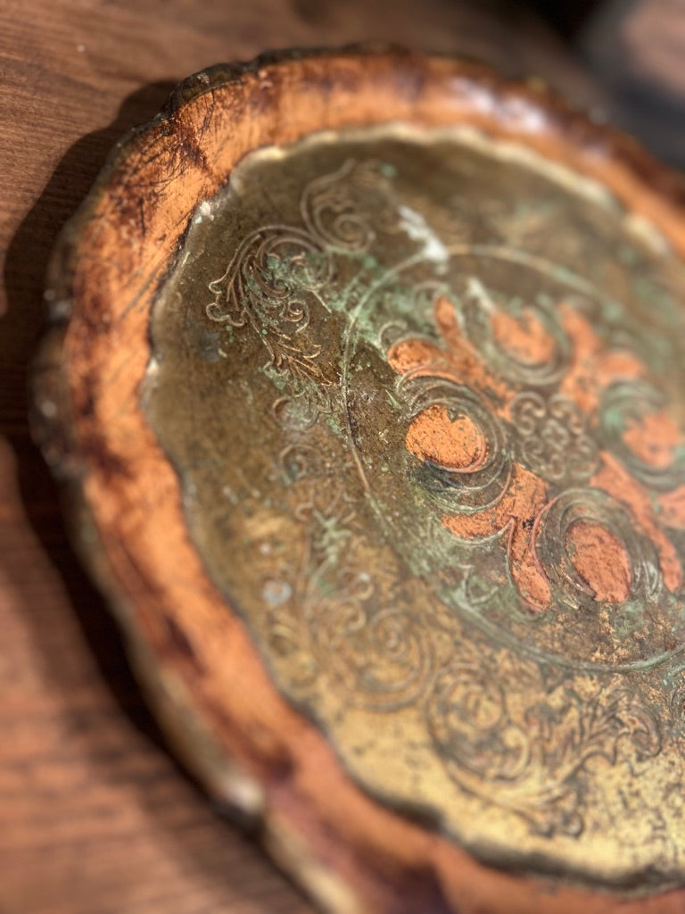 Vintage Small Round Gold Florentine Tray