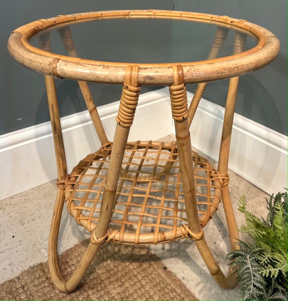 Vintage Bamboo Round Glass Top Table