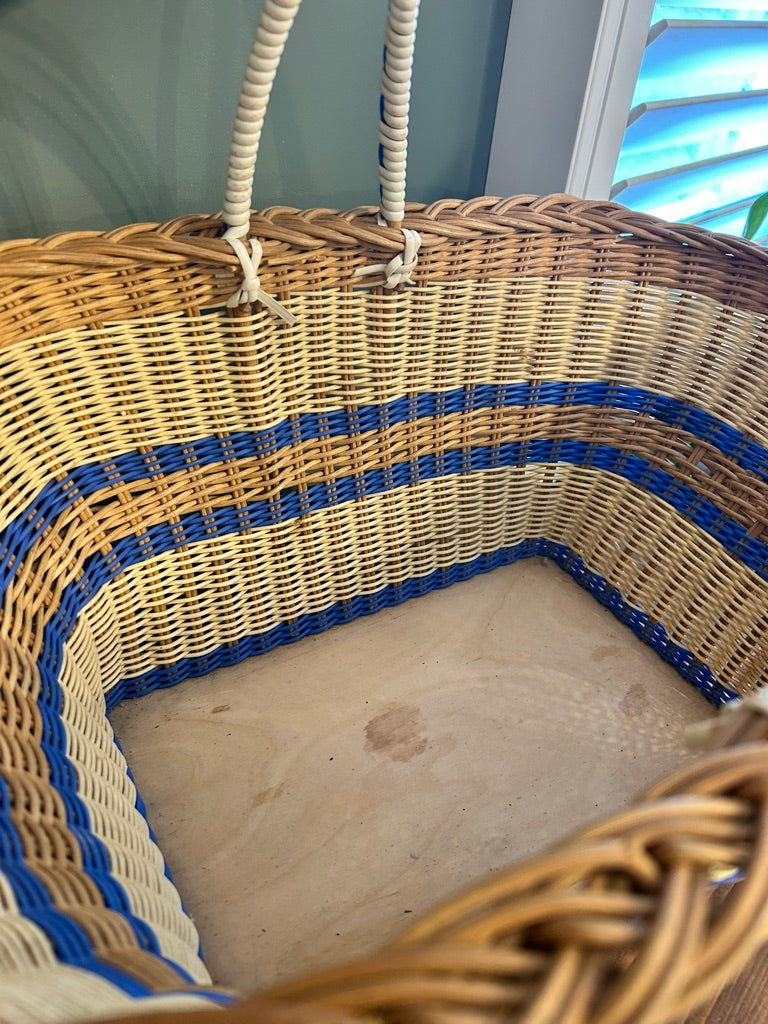 Vintage Handled Basket with Blue Stripe