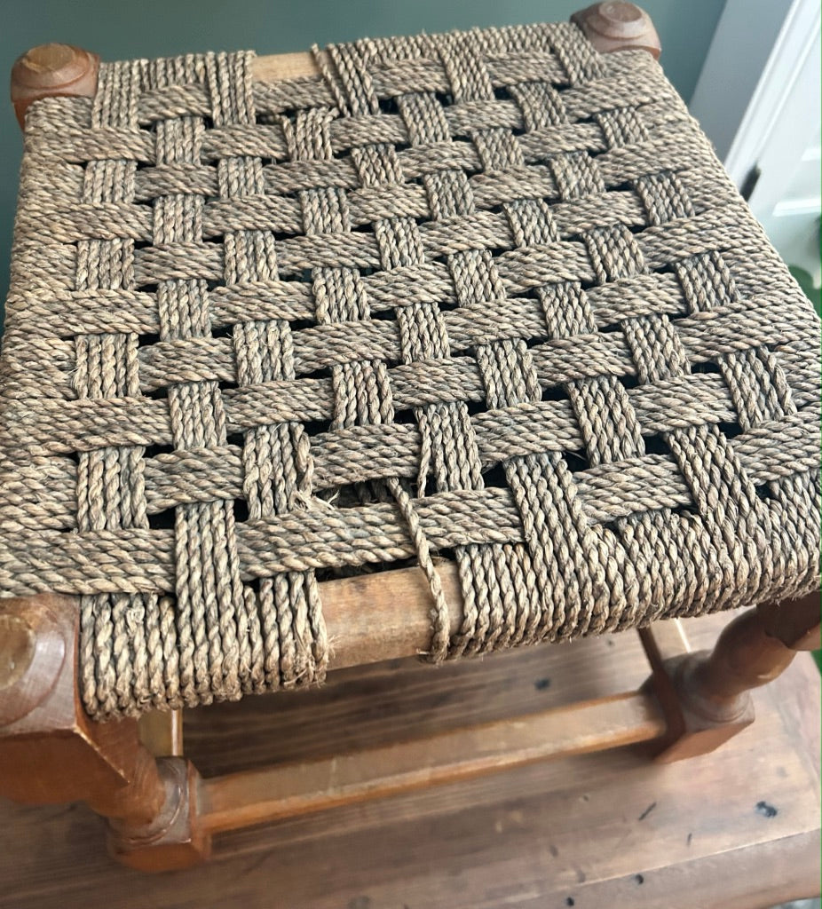 Vintage Woven Rattan Stool with Beige Rope top.