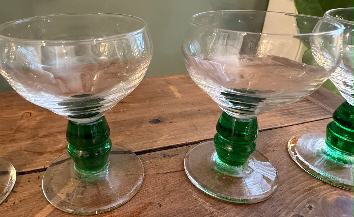 Set of 4 French Vintage Green Stem Sherry / Port Glasses
