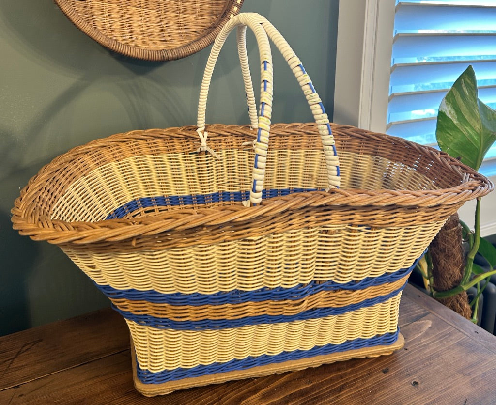 Vintage Handled Basket with Blue Stripe