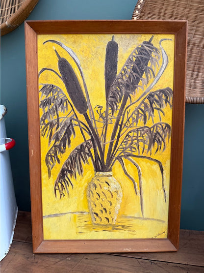 Vintage Framed Abstract Still Life Painting in Yellow