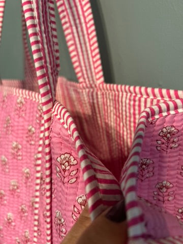 Pretty Indian Quilted Block Printed Tote Bag - Pink