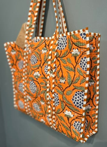 Pretty Indian Quilted Block Printed Tote Bag - Orange