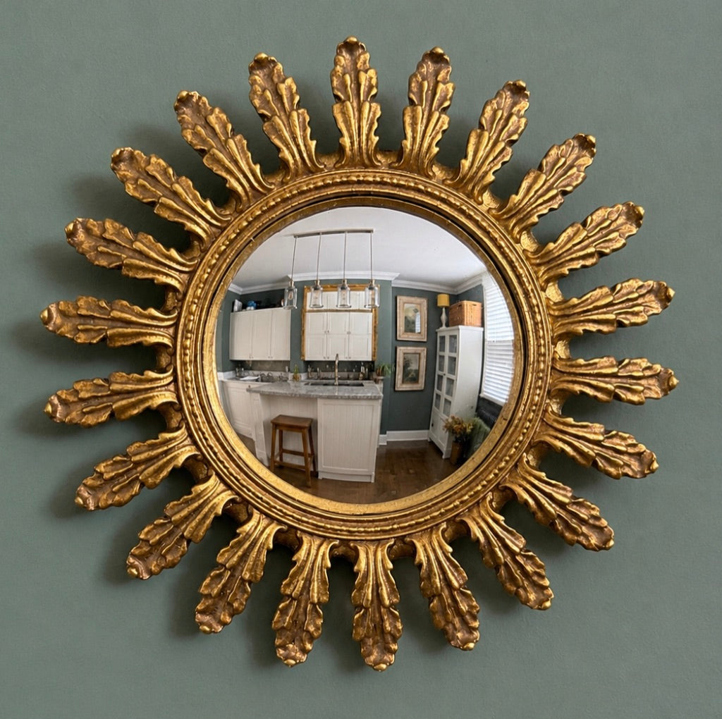 Gold Antiqued Round Single Sunburst Ornate Style Frame Wall Mirror