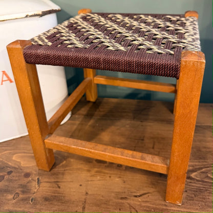 Vintage Woven Brown Rattan Stool with Rope top.