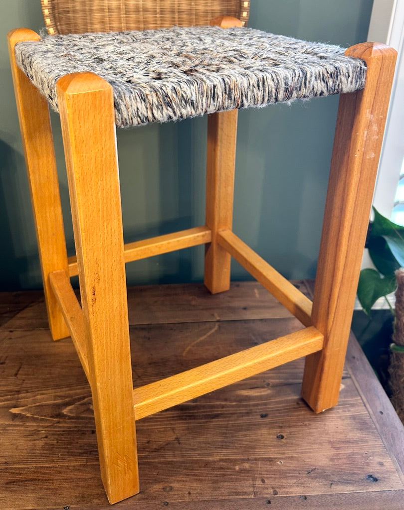 Vintage Woven Rattan Stool with Wool top.