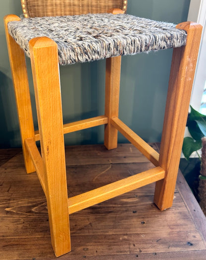 Vintage Woven Rattan Stool with Wool top.