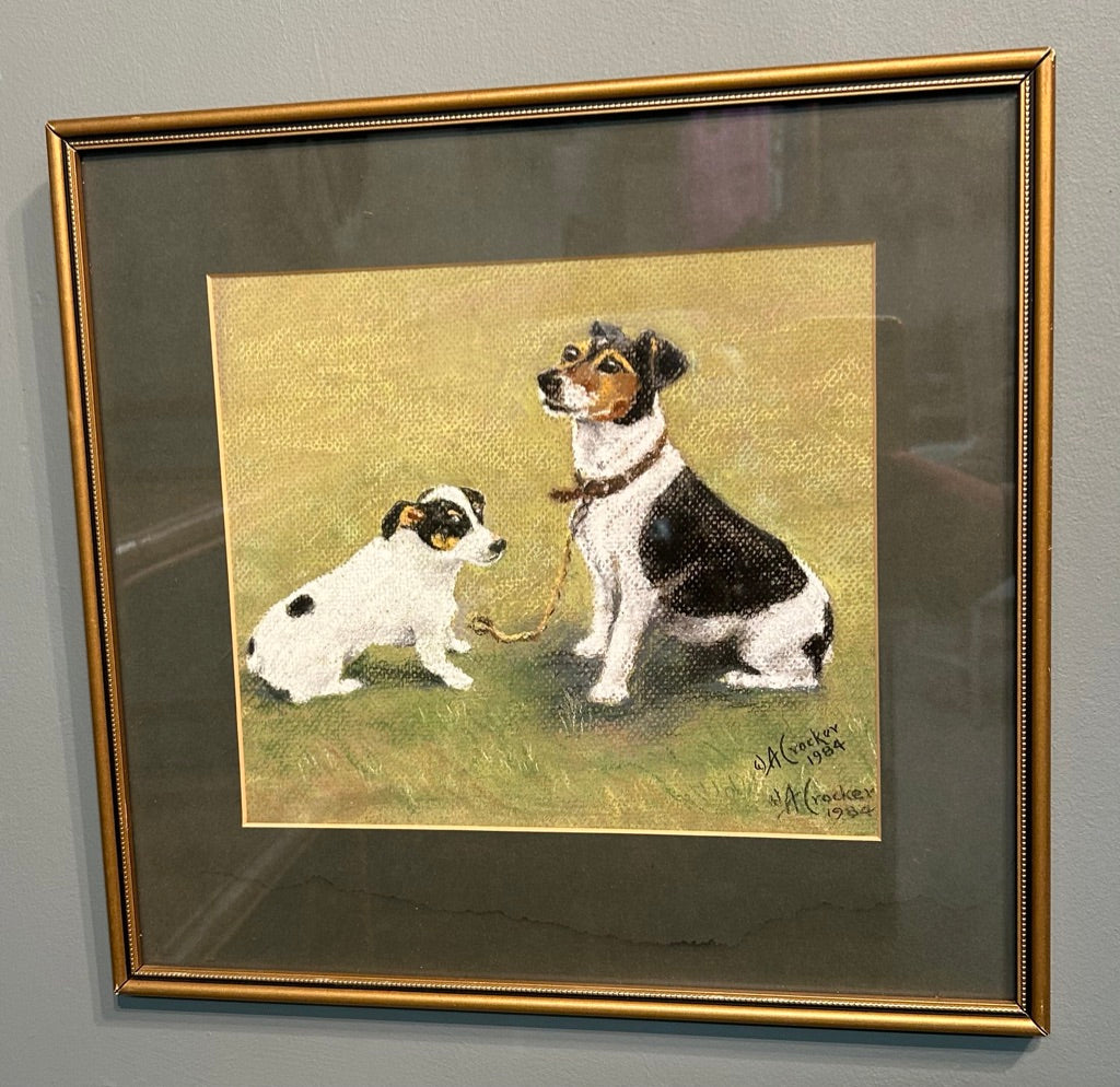 Vintage Original Framed Pastel of Jack Russells
