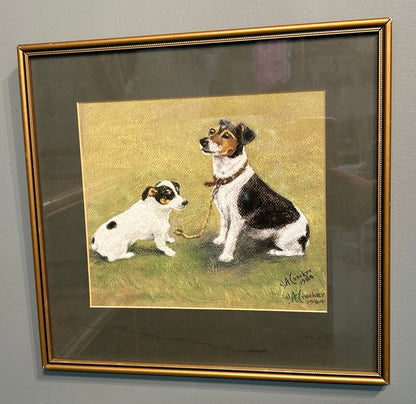 Vintage Original Framed Pastel of Jack Russells