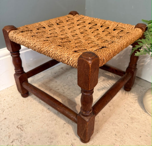Vintage Woven Brown Rattan Stool with Rope top
