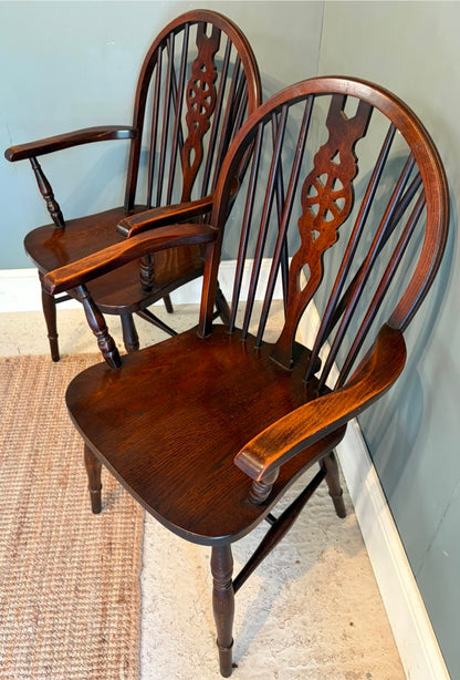 Pair of Vintage Wheel back Carver Chairs- Dark Wood