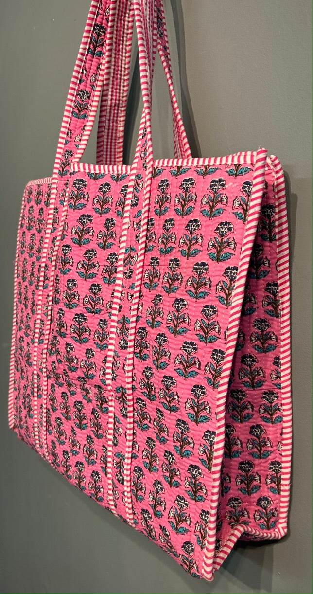 Pretty Indian Quilted Block Printed Tote Bag - Bright Pink Floral