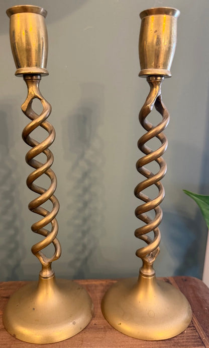 Pair of Vintage Twisted Brass Candlesticks