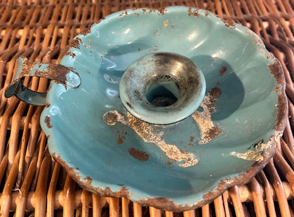 Vintage French Enamel Candle Holder - Blue
