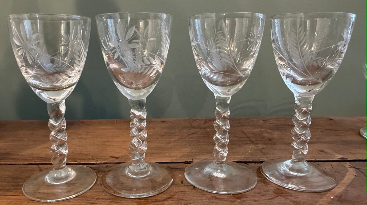 Set of 4 Antique Hand Blown Air Twist Sherry / Port Glasses