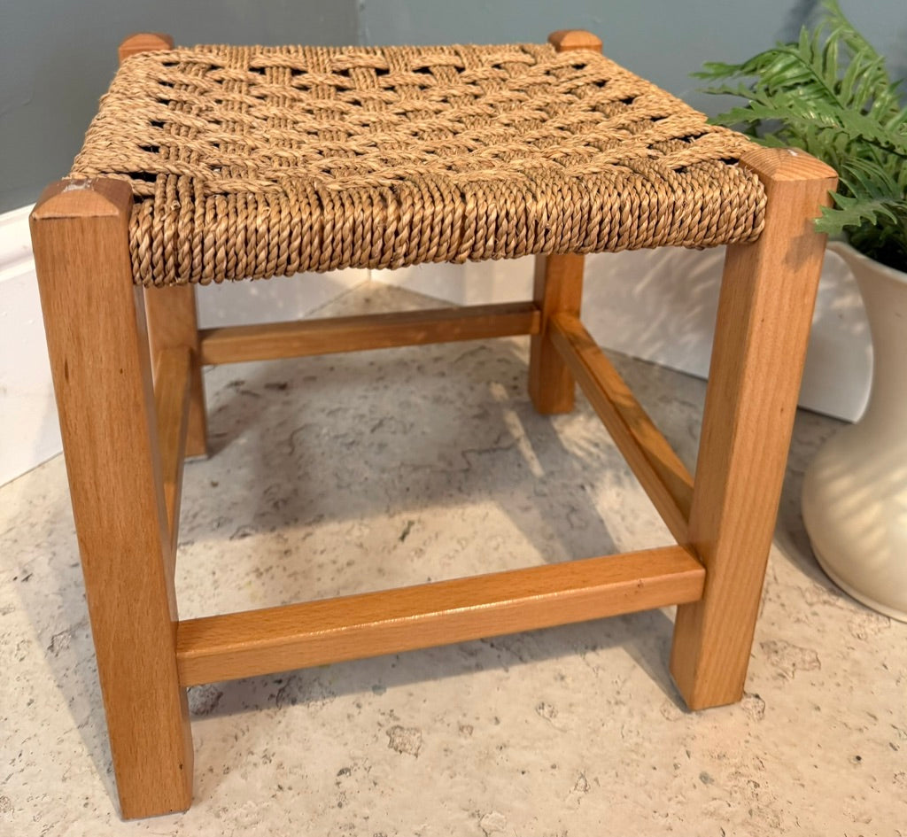 Vintage Woven Brown Rattan Stool with Rope top - Light Wood