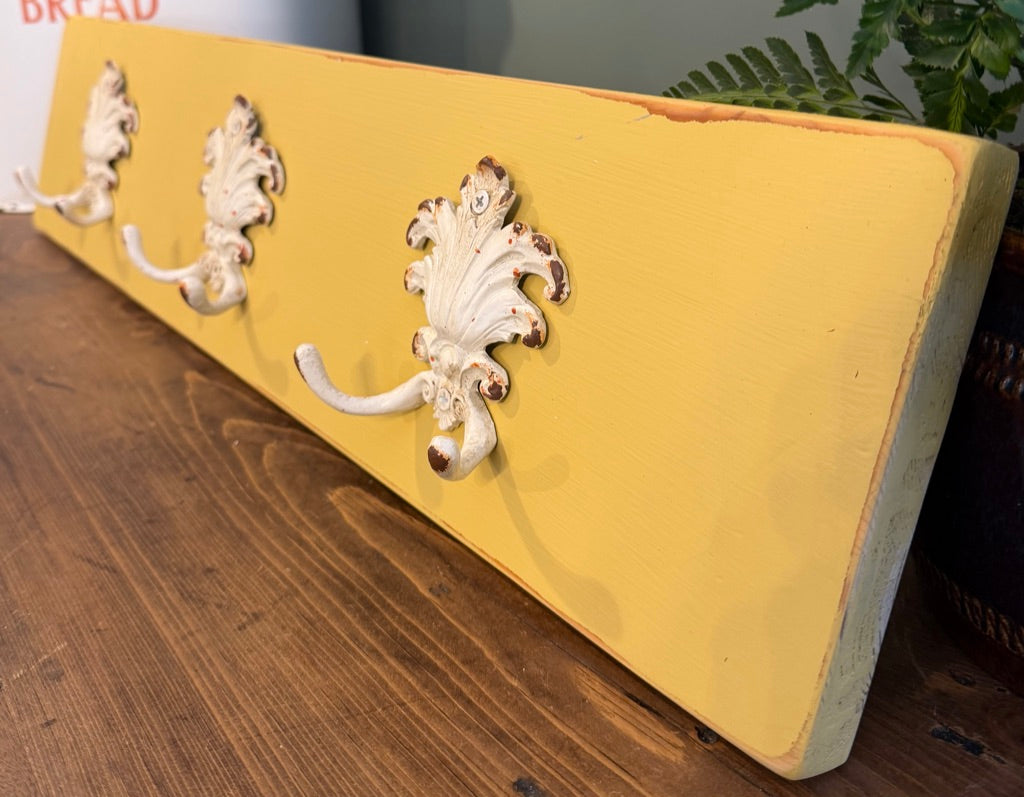 Painted Reclaimed Coat Hooks - Distressed Shabby Finish Hot as Mustard Yellow