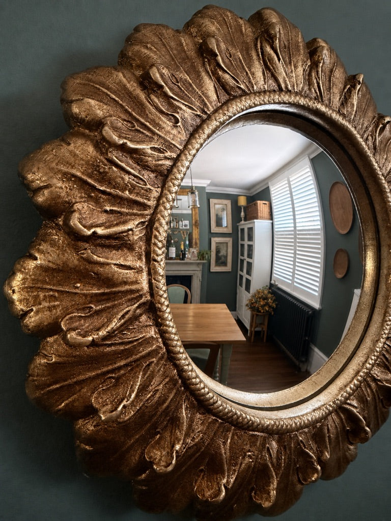 Small Gold Antiqued Round Port Hole style Flower Frame Mirror