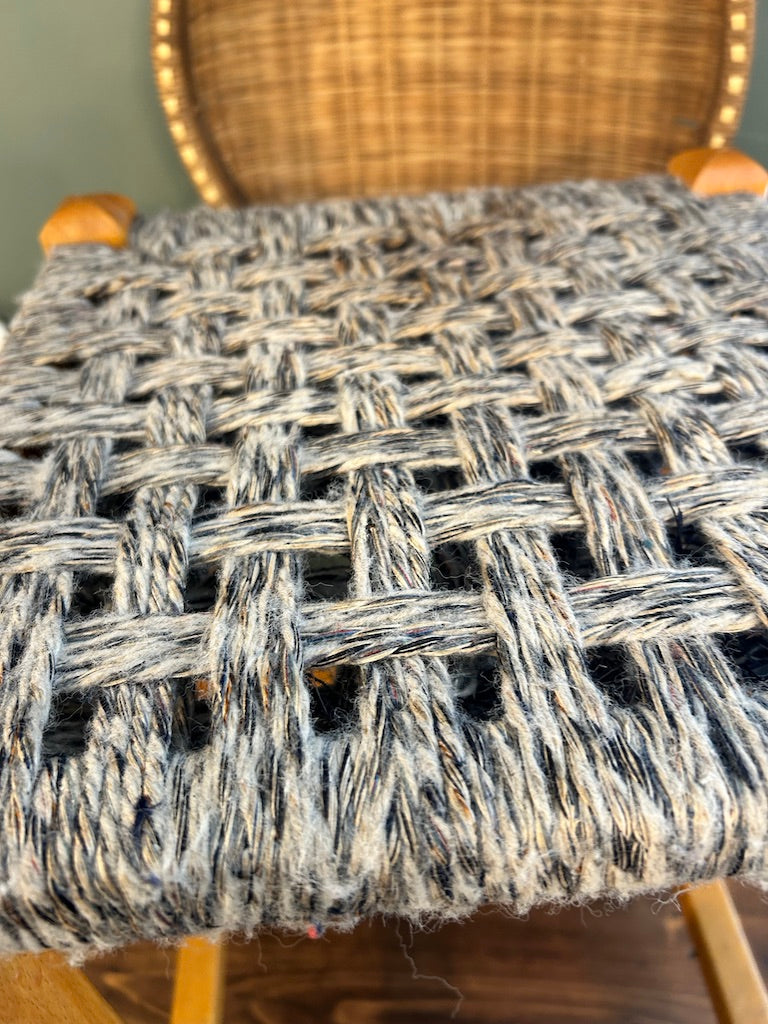 Vintage Woven Rattan Stool with Wool top.