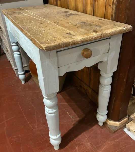 Small Vintage Rustic Pine Painted Farmhouse Console Table with Drawer