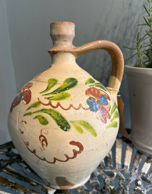 Vintage Hand Painted Terracotta Bottle - Antique Vessel