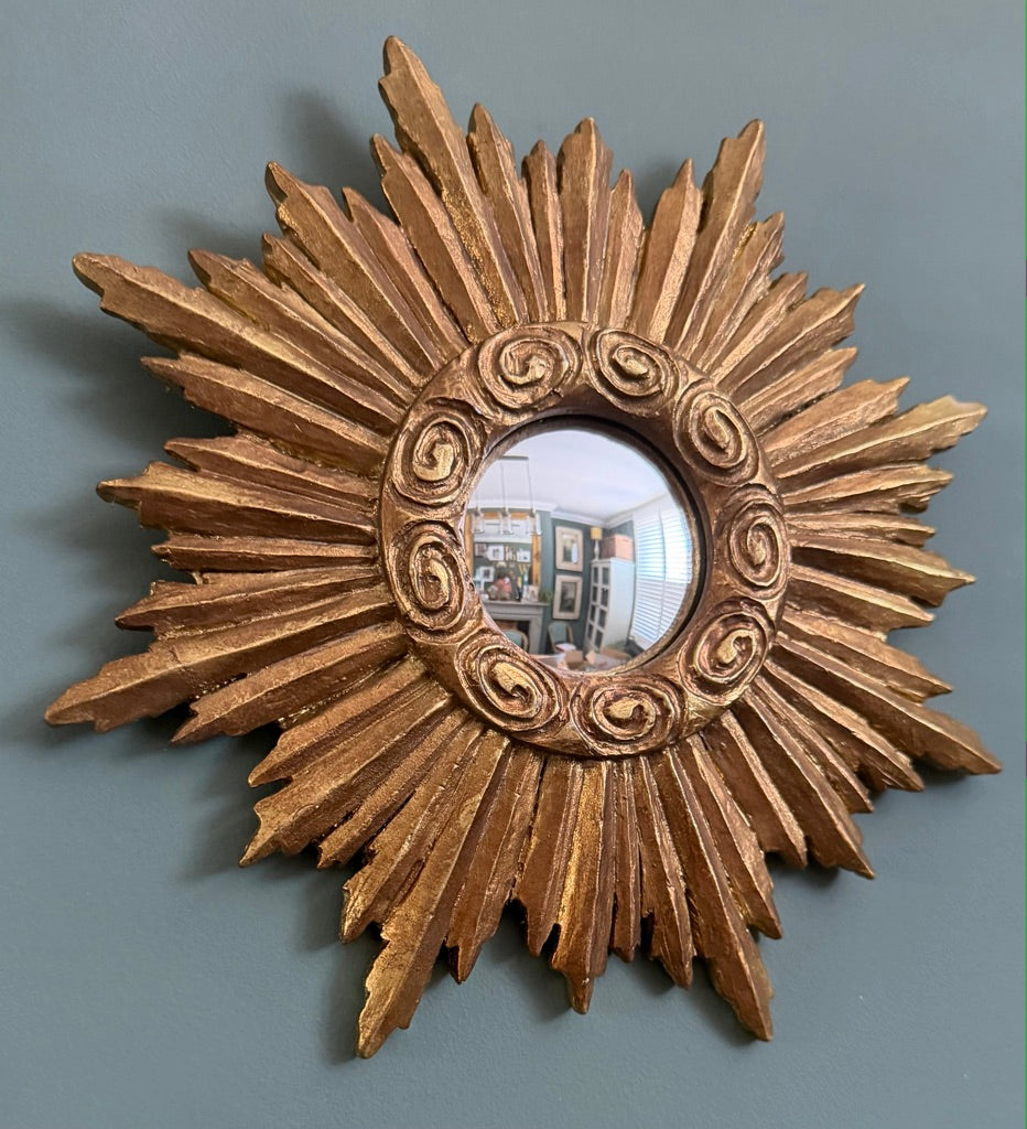 Gold Antiqued Round Port Hole Sunburst Style Frame Mirror