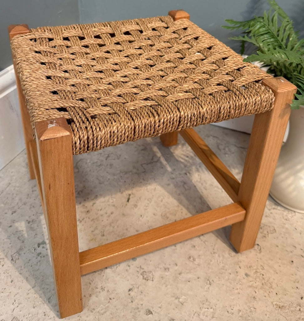 Vintage Woven Brown Rattan Stool with Rope top - Light Wood