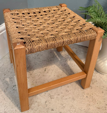 Vintage Woven Brown Rattan Stool with Rope top - Light Wood