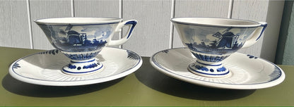 Pair of Delft Blue and White China Cups and Saucers