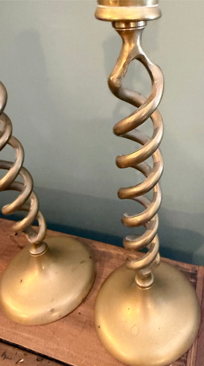 Pair of Vintage Twisted Brass Candlesticks