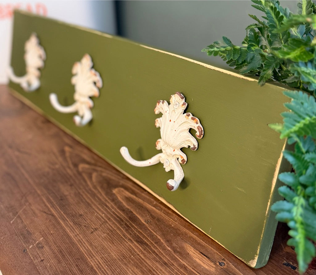 Painted Reclaimed Coat Hooks - Distressed Shabby Finish Moss Green