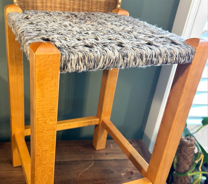 Vintage Woven Rattan Stool with Wool top.