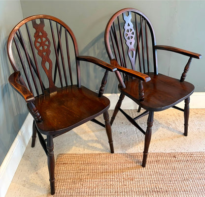 Pair of Vintage Wheel back Carver Chairs- Dark Wood