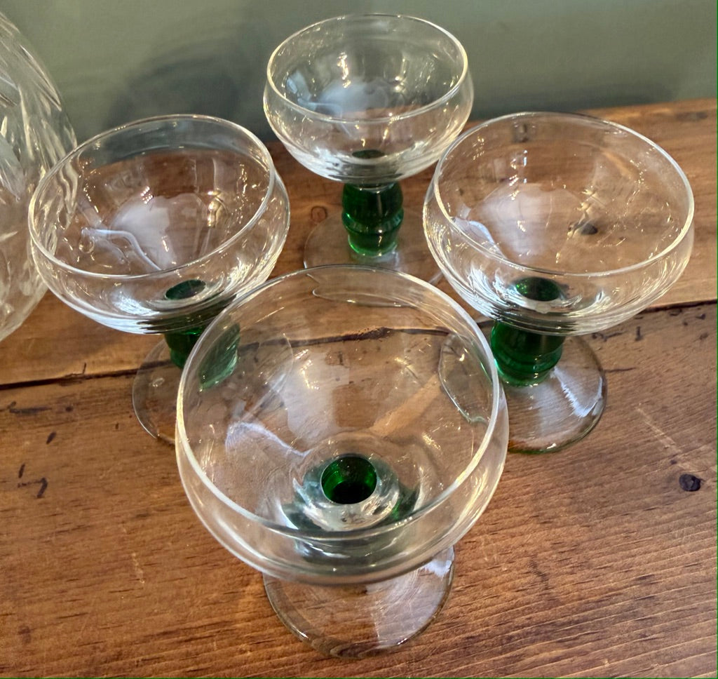 Set of 4 French Vintage Green Stem Sherry / Port Glasses