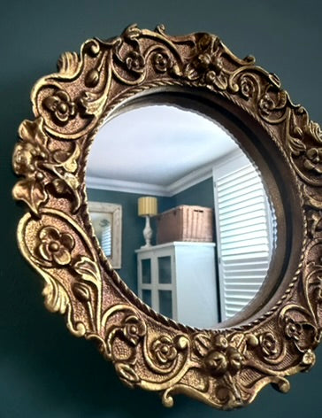 Small Gold Antiqued Round Port Hole style Floral Frame Mirror