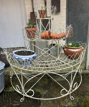 Antique Wire and Cast iron White Three tiered Plant Stand