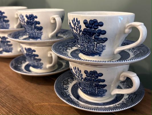Set of 6 Vintage Blue & White Cups and Saucers - by Broadhurst