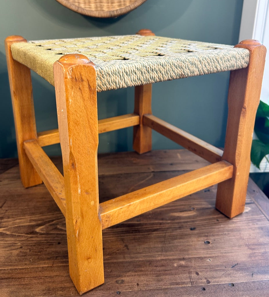 Vintage Woven Rattan Stool with Green Rope top.