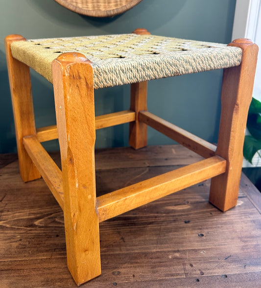 Vintage Woven Rattan Stool with Green Rope top.