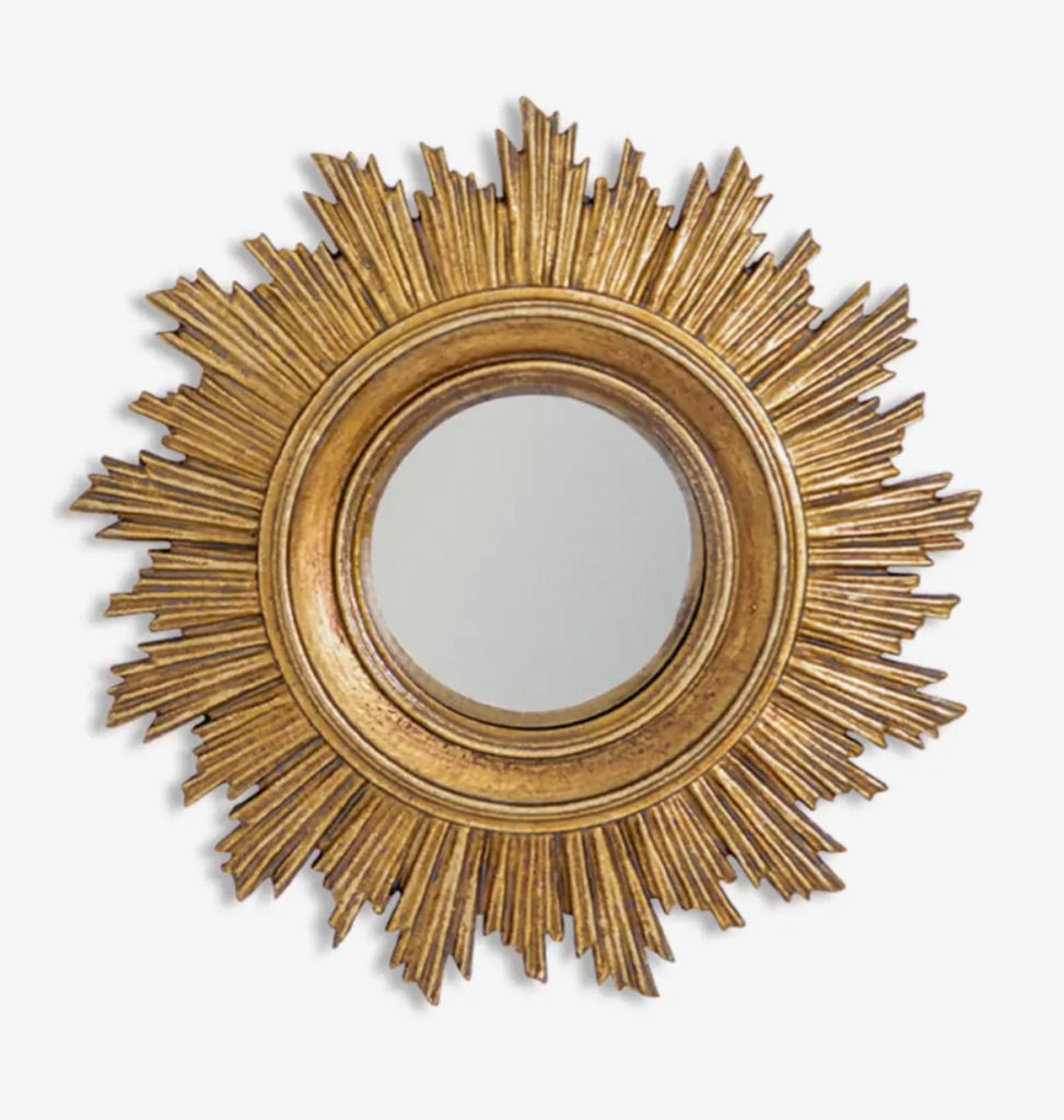 Gold Antiqued Round Port Hole style Sunburst Mirror - Small Convex